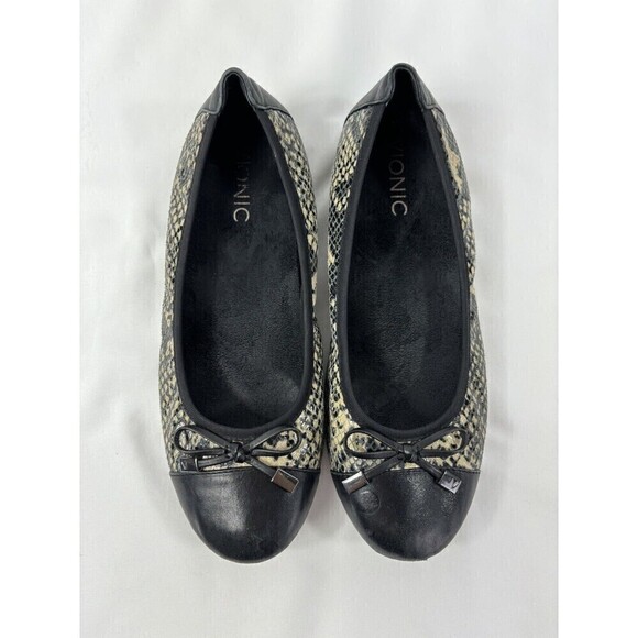 Vionic Minna Ballet Flats Size 6.5 Black Cream Reptile Print Leather Cap Toe - Picture 1 of 16